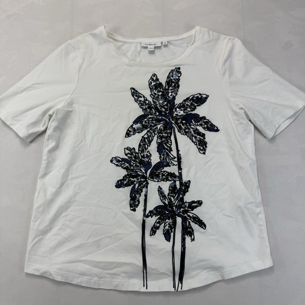 Chico's Women's Size 1 Medium White Cotton Sequin Palm Tree Graphic T-Shirt